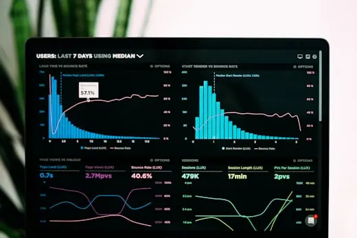 Interactive data analytics dashboard showing business intelligence graphs and KPI indicators